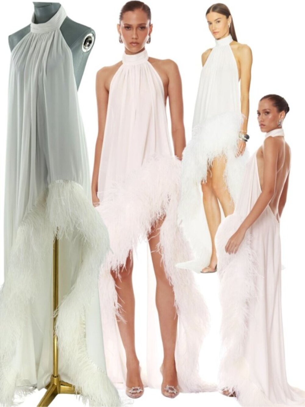🆕 BRONX & BANCO 🧿 NWOT Madeline Halterneck Feathered Gown, White - Sz L US 8